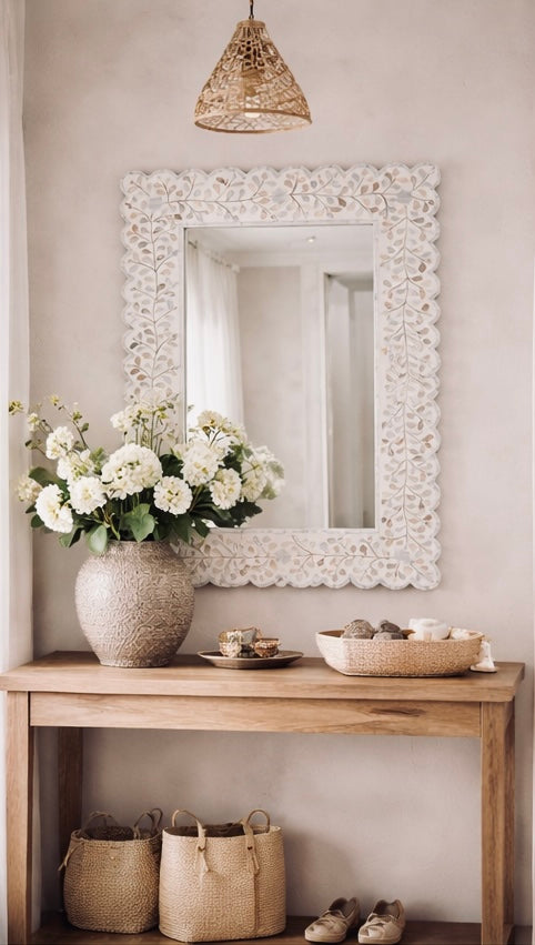 Furniture, Mother of Pearl Inlay, Mirror, Botanical, White