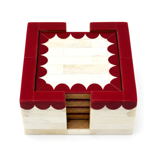 Coaster in Holder, Bone Inlay, Orchard, Red