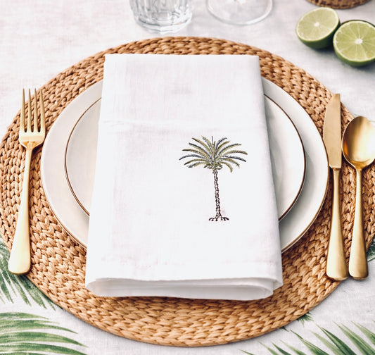 Napkin, Block Printed, Palm, Grey