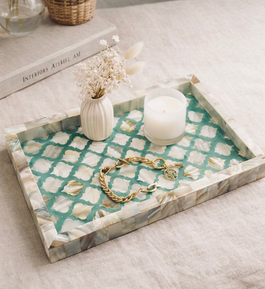 Tray, Mini Rectangle, Mother of Pearl Inlay, Haji, Aqua
