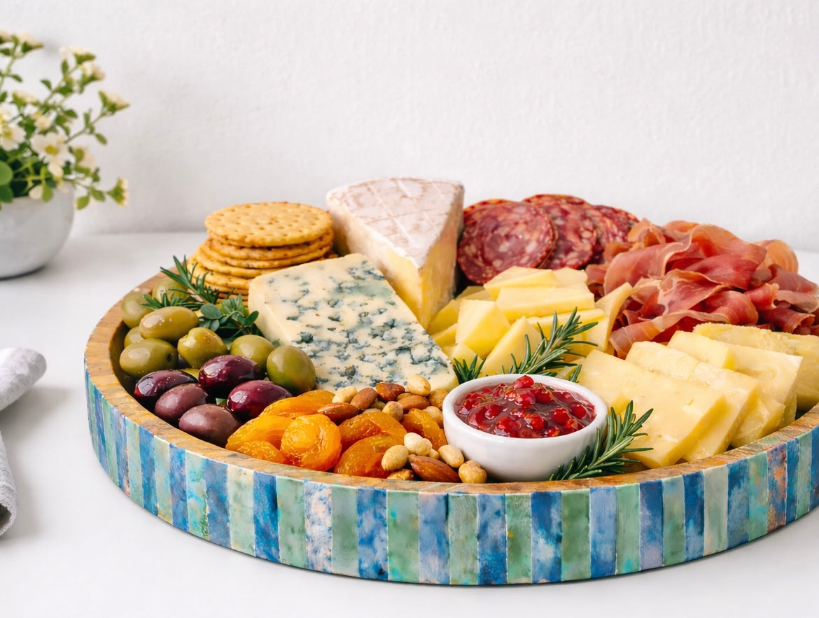 Tray, Mango Wood, Bone Inlay, Jewel, Blue and Green