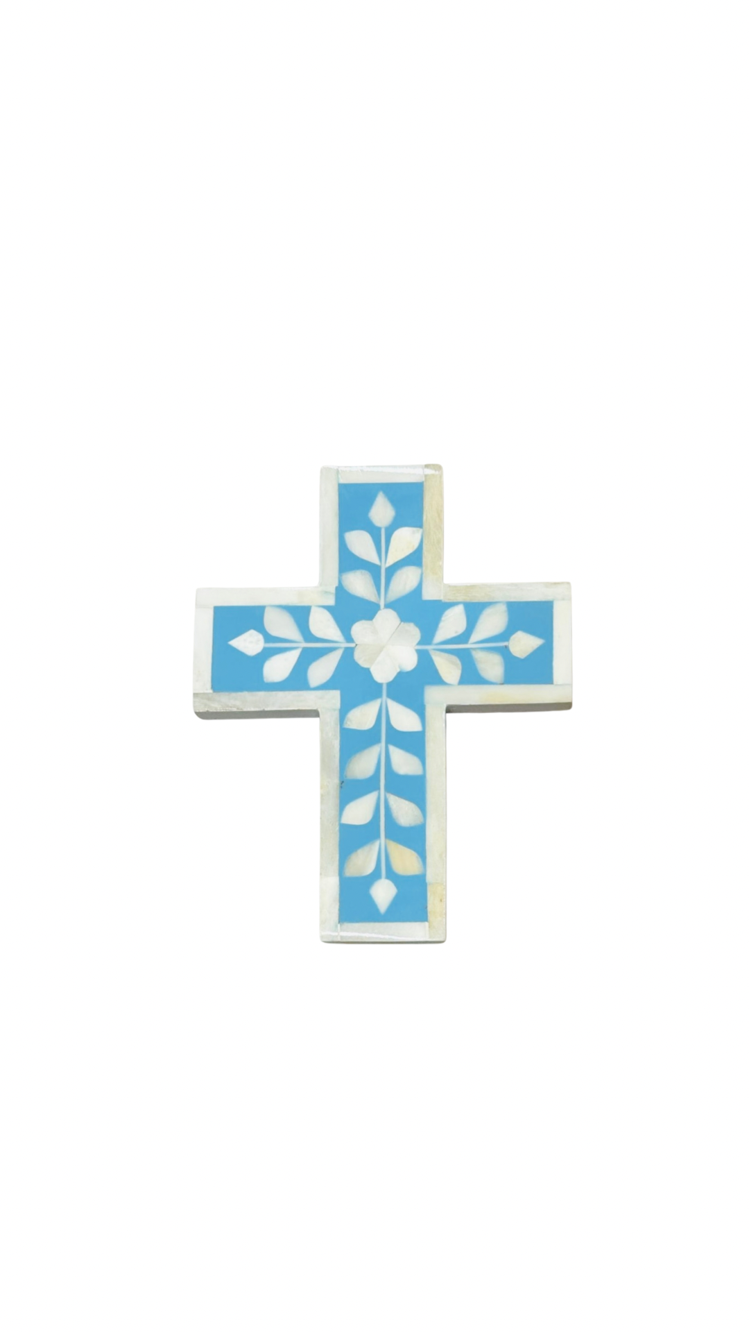 Cross, Small, Bone Inlay, Botanical, Light Blue