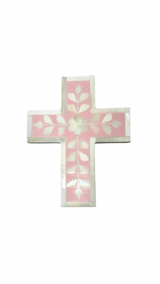 Cross, Small, Bone Inlay, Botanical, Pink