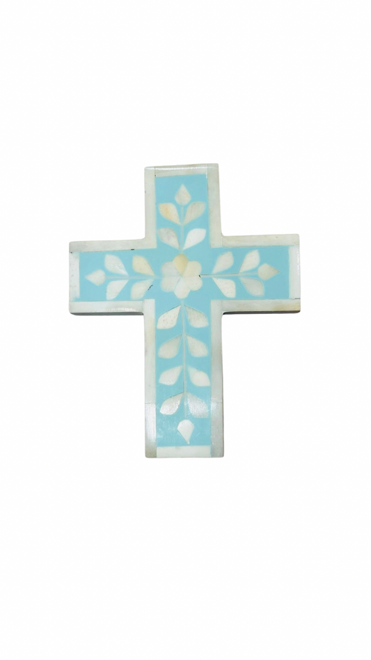 Cross, Small, Bone Inlay, Botanical, Aqua