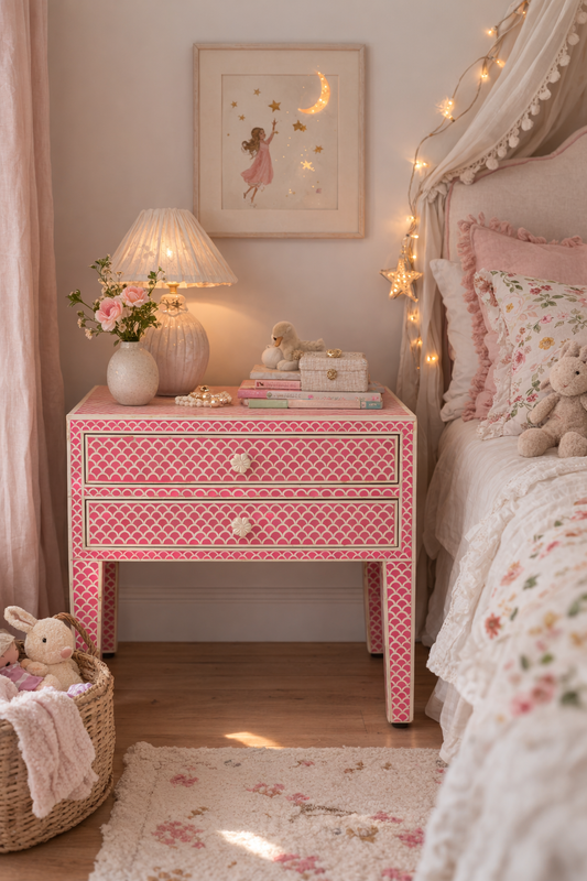 Furniture, Bone Inlay, Bed Side Table, Straits, Pink