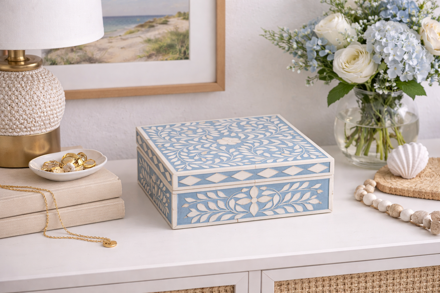 Keepsake Box, Extra Large, Bone Inlay, Botanical, Blue