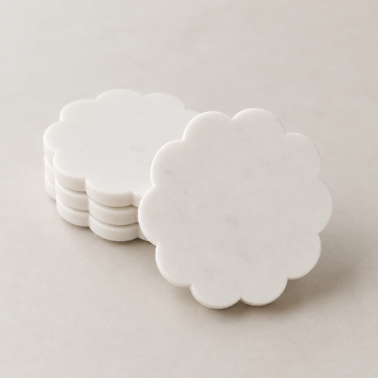 Coaster, Set of 4, Marble, Scallop, White