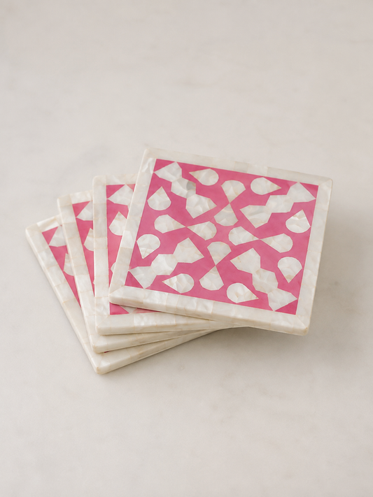 Coaster Set of 4, Mother of Pearl Inlay, Kranji, Pink