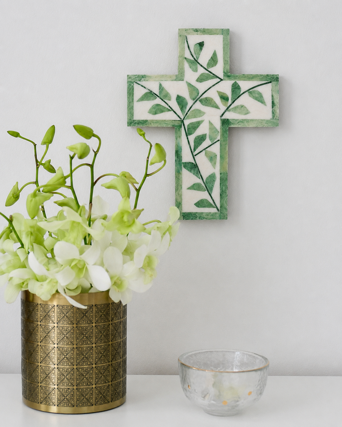 Cross, Small, Bone Inlay, Vine, Green Bone