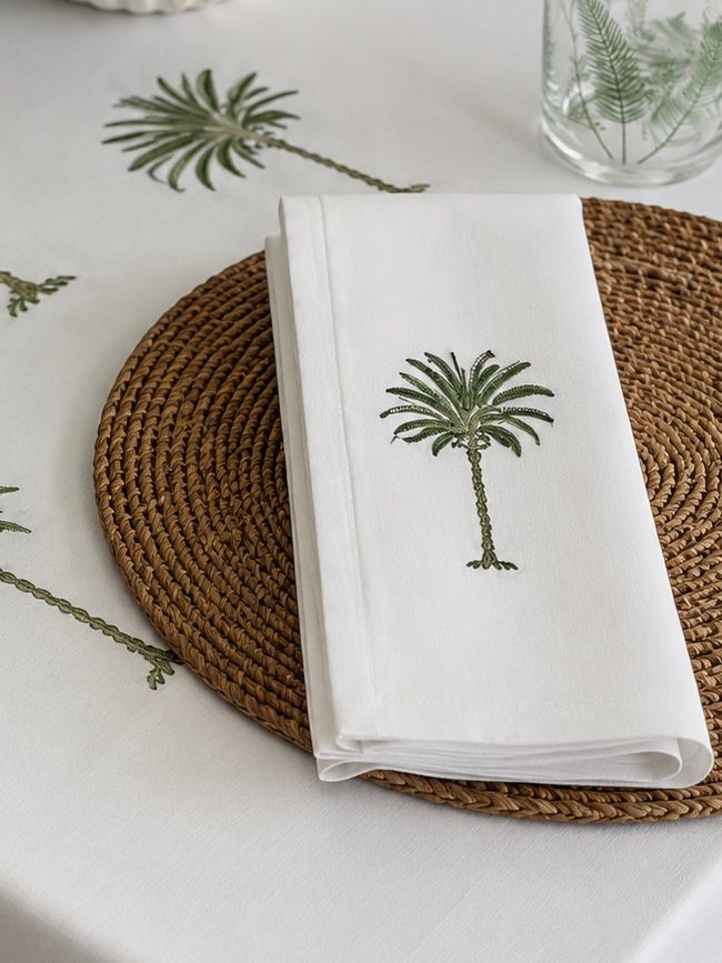Napkin, Block Printed, Palm, Green