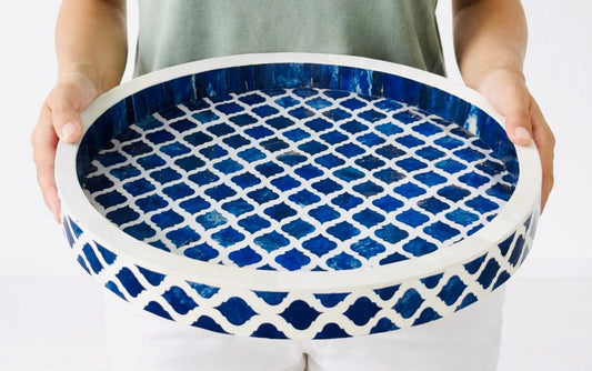 Tray, Round, Bone Inlay, Haji, Blue Bone