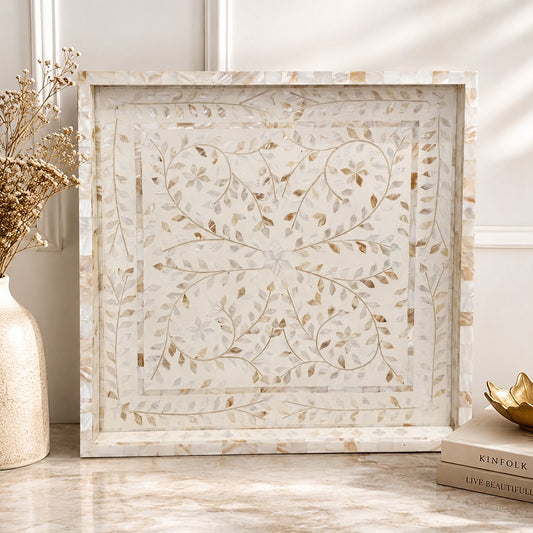 Tray, Square XL, Mother of Pearl Inlay, Botanical, White