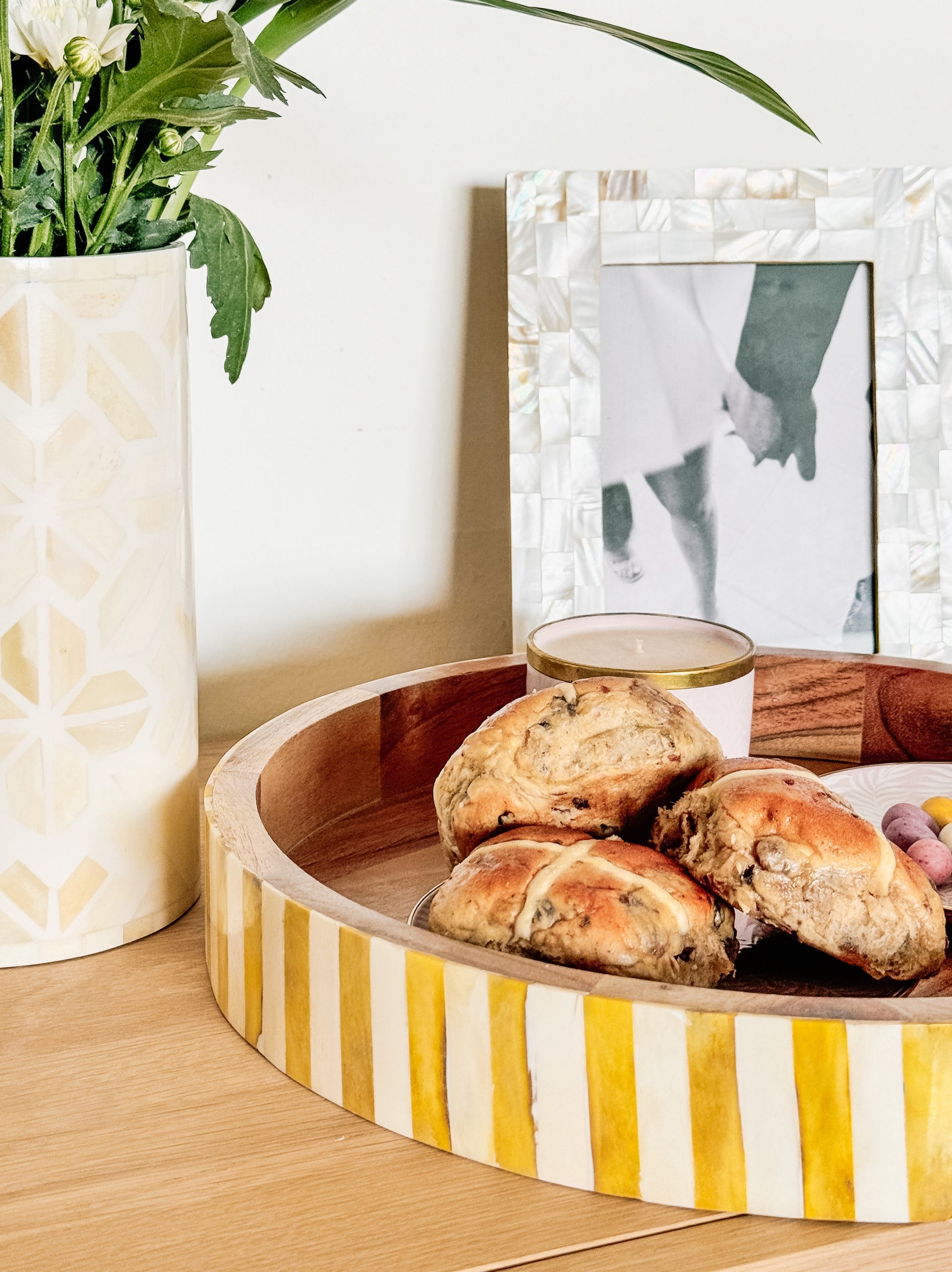 Yellow and white bone inlay tray on acacia wood