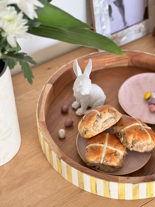 Yellow and white bone inlay tray on acacia wood decorative Easter