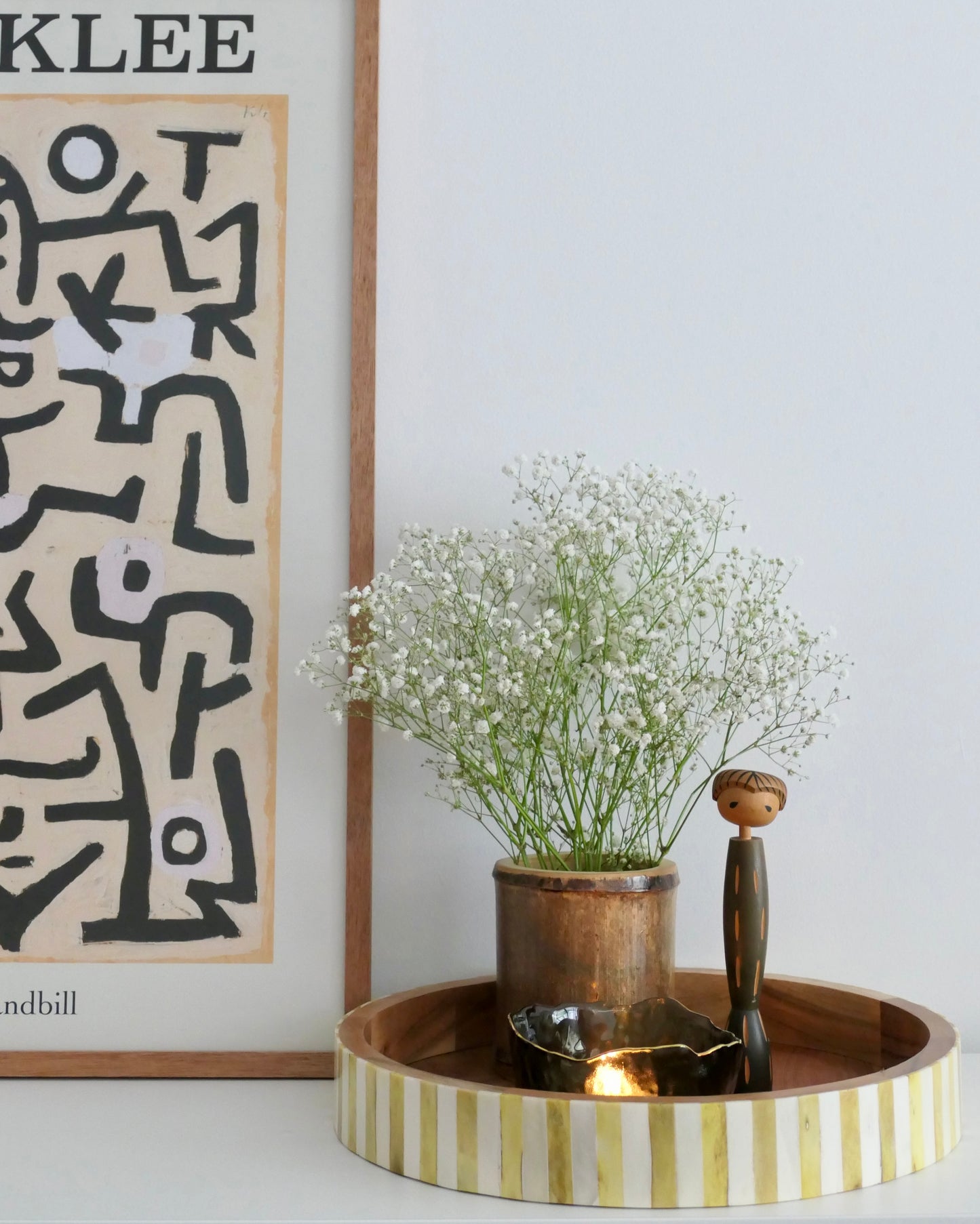 Yellow and white bone inlay tray on acacia wood decorative and food safe