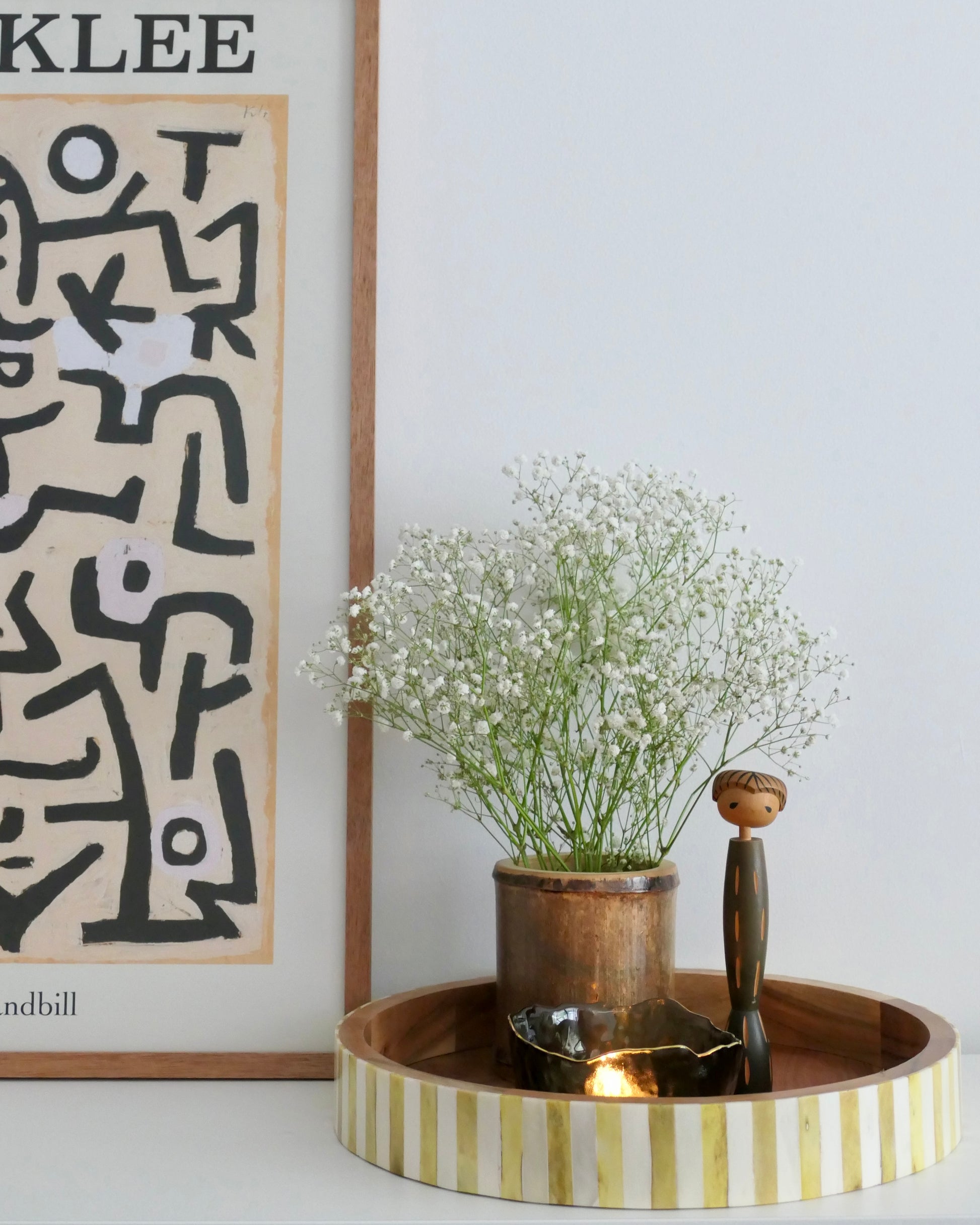 Yellow and white bone inlay tray on acacia wood decorative and food safe