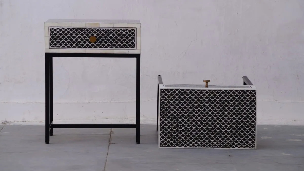 black and white straits bone inlay bed side tables