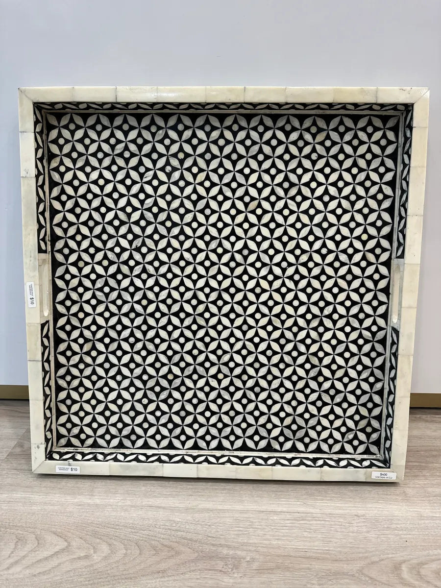 large tray bone inlay in black and white geo design