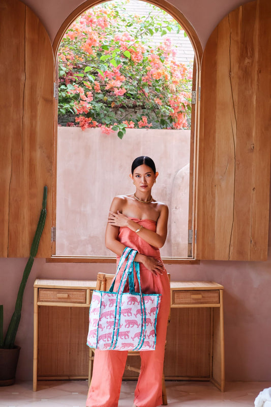 hand printed artisanal bag reversible with secure zipped pocket