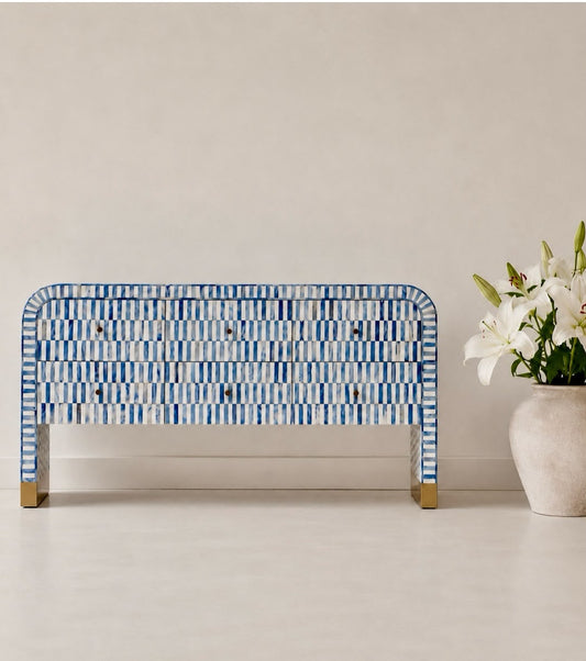 blue and white bone inlay console with drawers