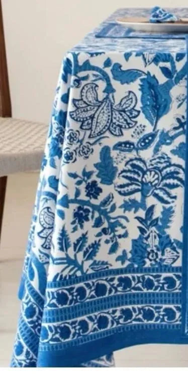 blue floral block print table cloth