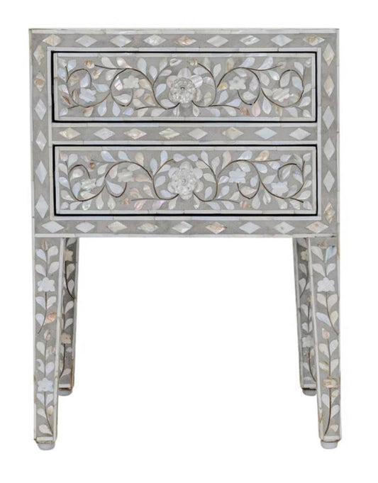 botanical mother of pearl inlay bed side table