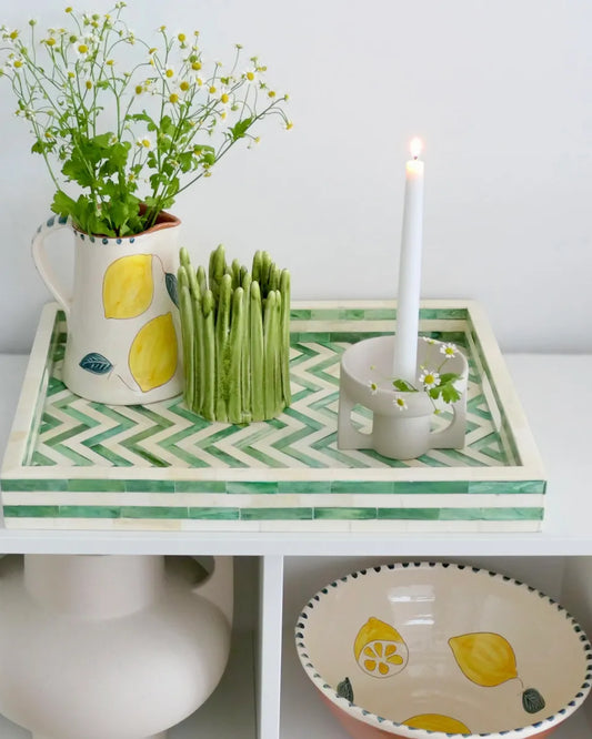 green and white zig zag spring tray