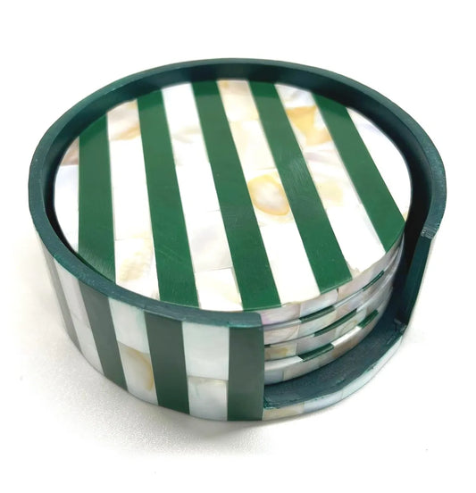 Set of coasters with green and white striped design on a white background