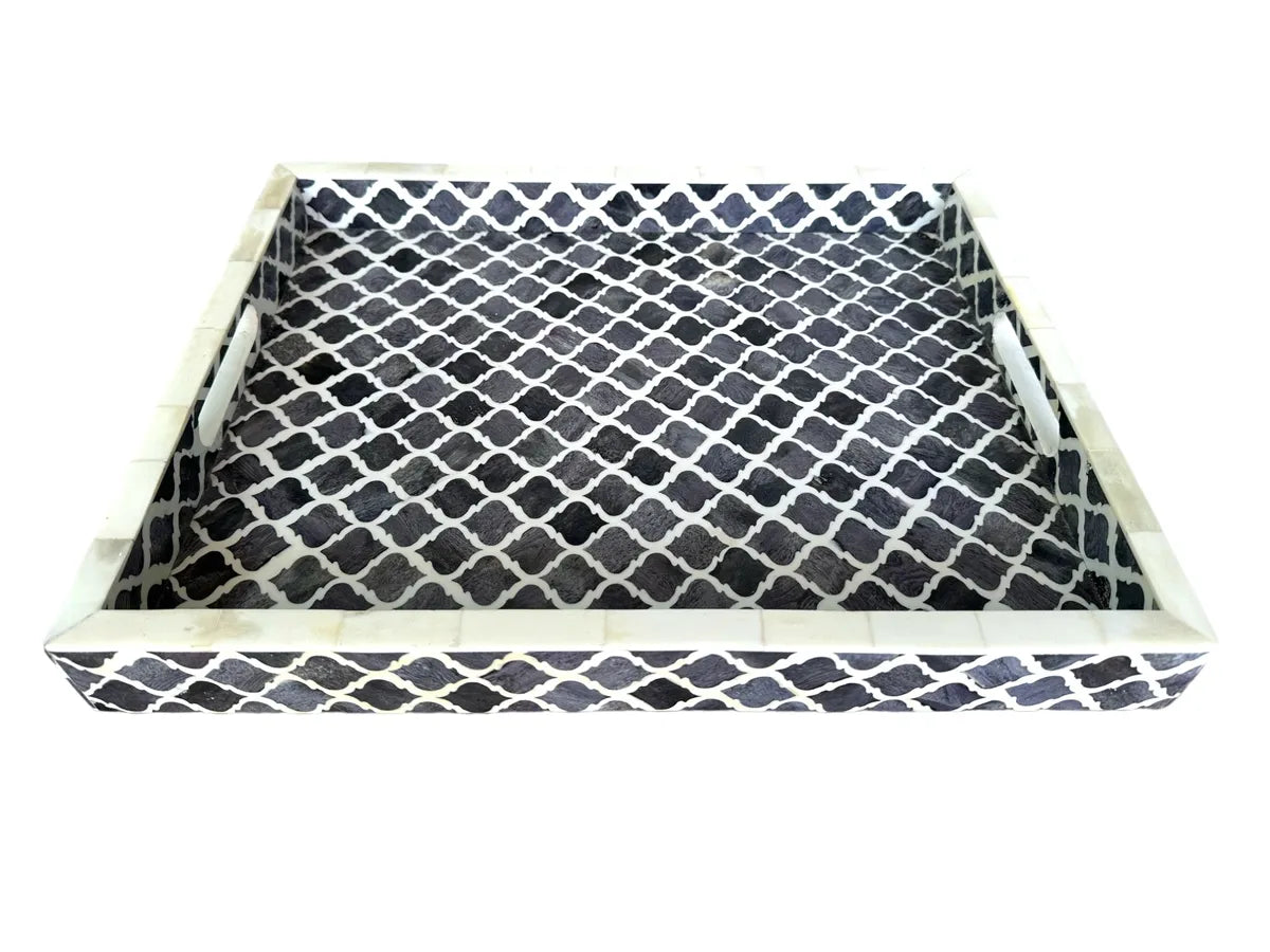 grey and white geometrical design bone inlay tray