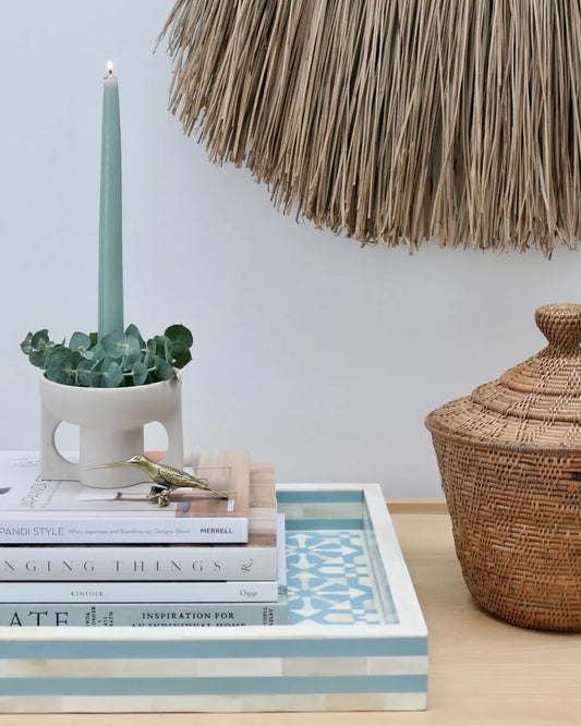 Decorative setting with books, a candle, and a plant on a tray against a light blue wall.