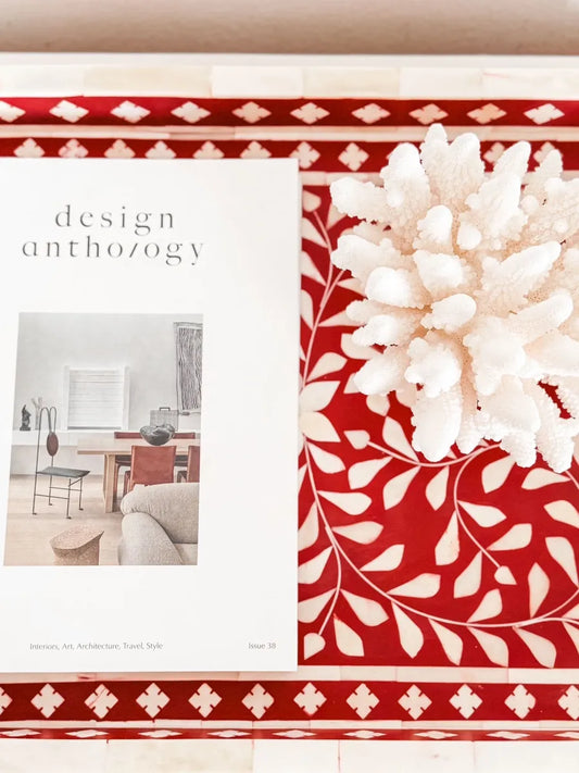 red bone inlay tray with leaf design