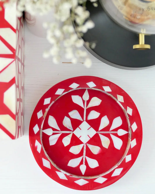 red botanical design mother of pearl inlay mini round tray
