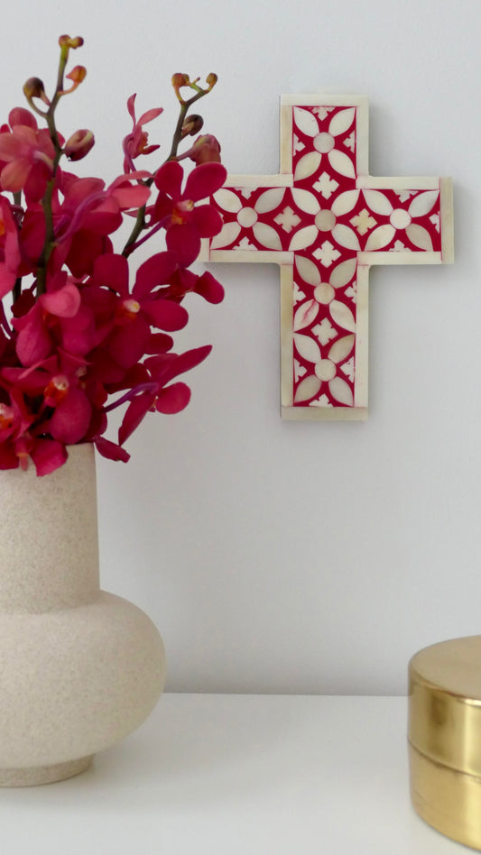 Cross, Small, Bone Inlay, Bharu, Red