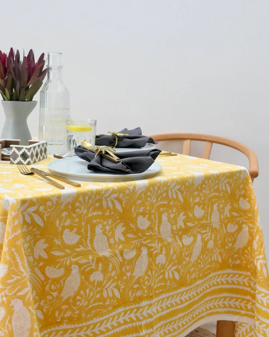 yellow bird hand block printed table cloth